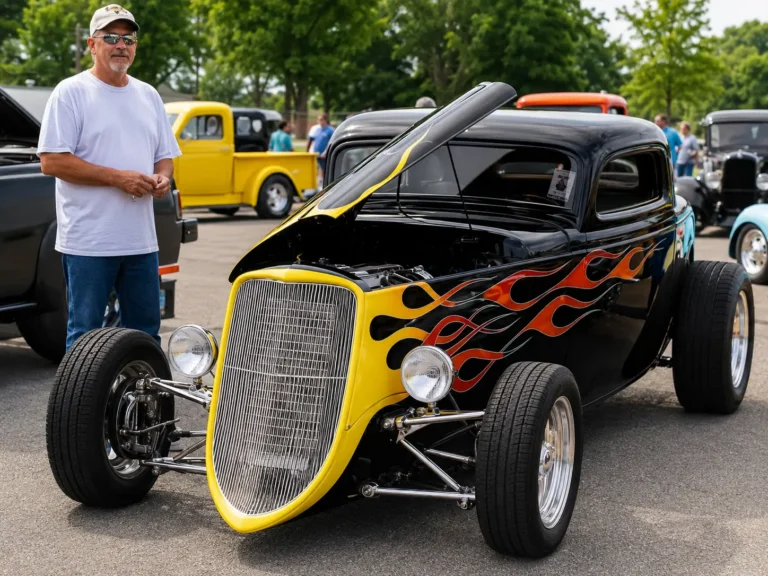 Custom street rod coupe with fiberglass body kit and flame paint