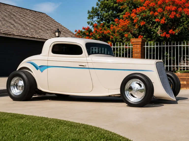 White 1933 Ford coupe street rod with fiberglass body kit and custom stance