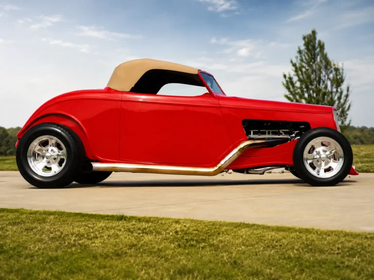 Red street rod roadster fiberglass body kit with custom wheels