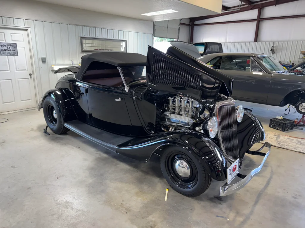 1934 Ford Roadster full restoration with black paint, original body, Pete and Jake’s chassis, and custom hot rod styling