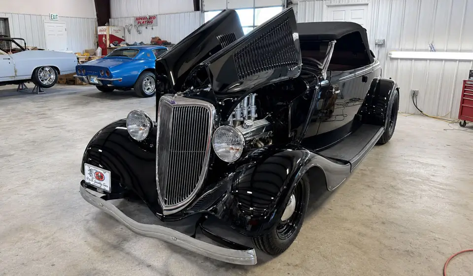 1934 Ford Roadster full restoration with black paint, original body, Pete and Jake’s chassis, and custom hot rod styling