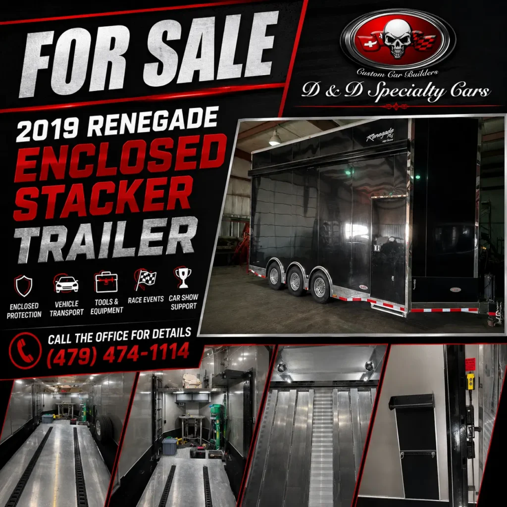 Promotional graphic for 2019 Renegade Enclosed Stacker Trailer for sale from a Custom Car Builder in Van Buren, AR with exterior and interior feature photos